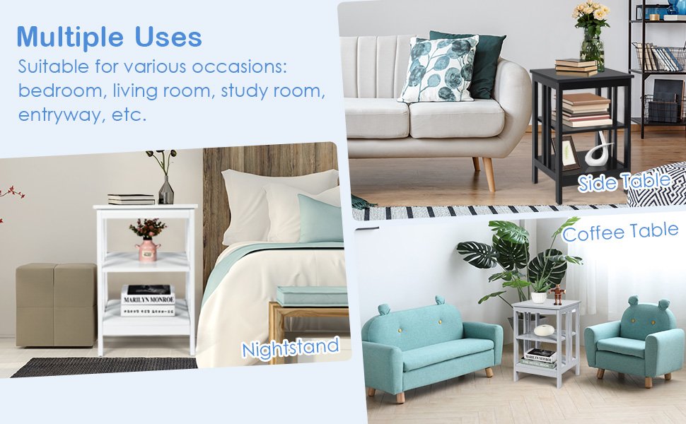 Honhorrs 3-Tier MDF Sofa Side Table with Open Storage Shelves, Rounded Corners and Floor Pads detail