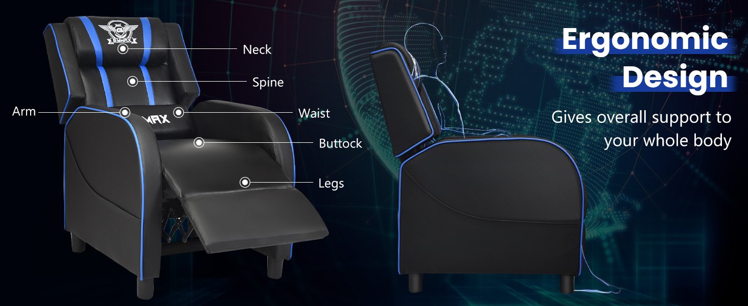 Honhorrs PU Gaming Recliner, 90–160-Degree Backrest with Lumbar Massage, Footrest and Side Pockets detail