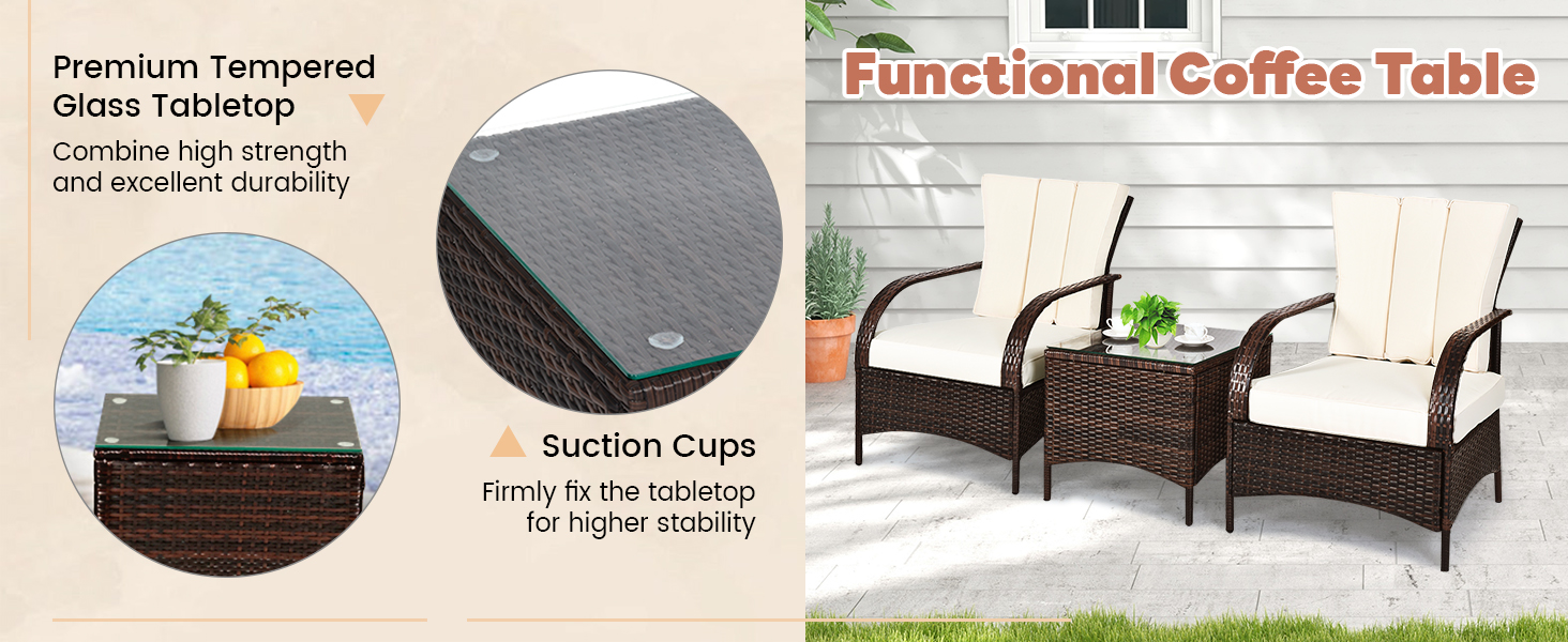 Honhorrs Three-Piece Wicker Patio Conversation Set, Cushioned Seats and Tempered Glass Coffee Table detail