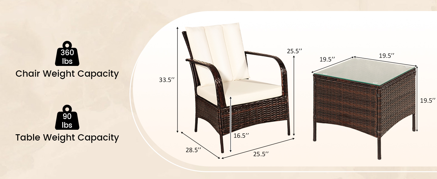 Honhorrs Three-Piece Wicker Patio Conversation Set, Cushioned Seats and Tempered Glass Coffee Table detail