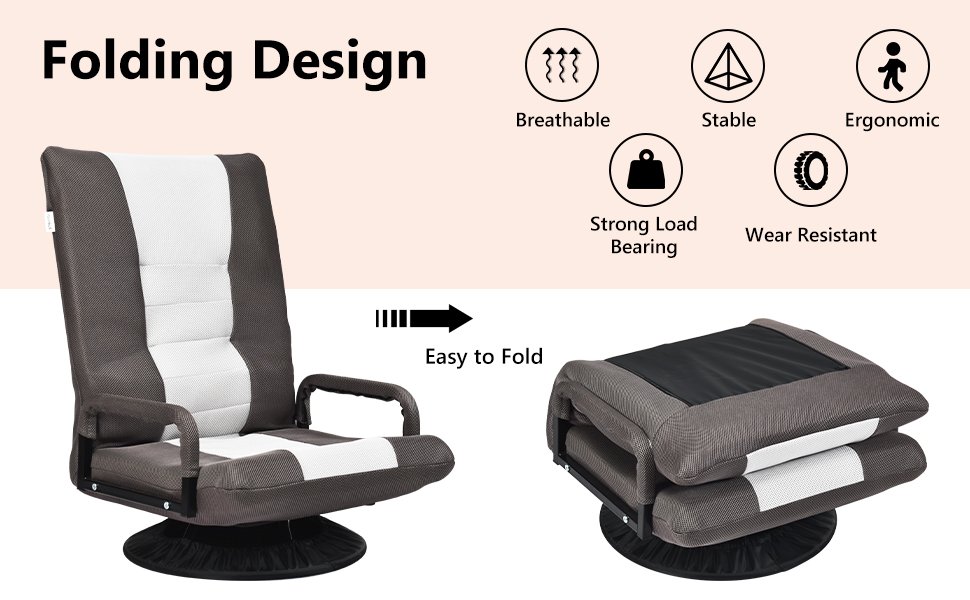 Honhorrs Folding Swivel Floor Gaming Chair with 6 Backrest Positions, Armrests and Mesh Fabric detail