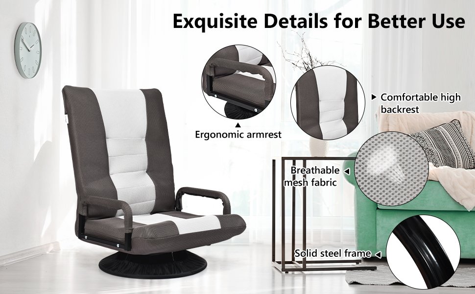 Honhorrs Folding Swivel Floor Gaming Chair with 6 Backrest Positions, Armrests and Mesh Fabric detail