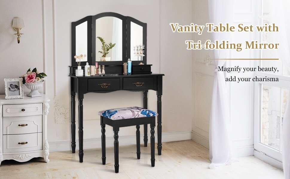 Honhorrs Four-Drawer Makeup Vanity Set, Tri-Fold Mirror and Floral Cushioned Stool with Wood Legs detail