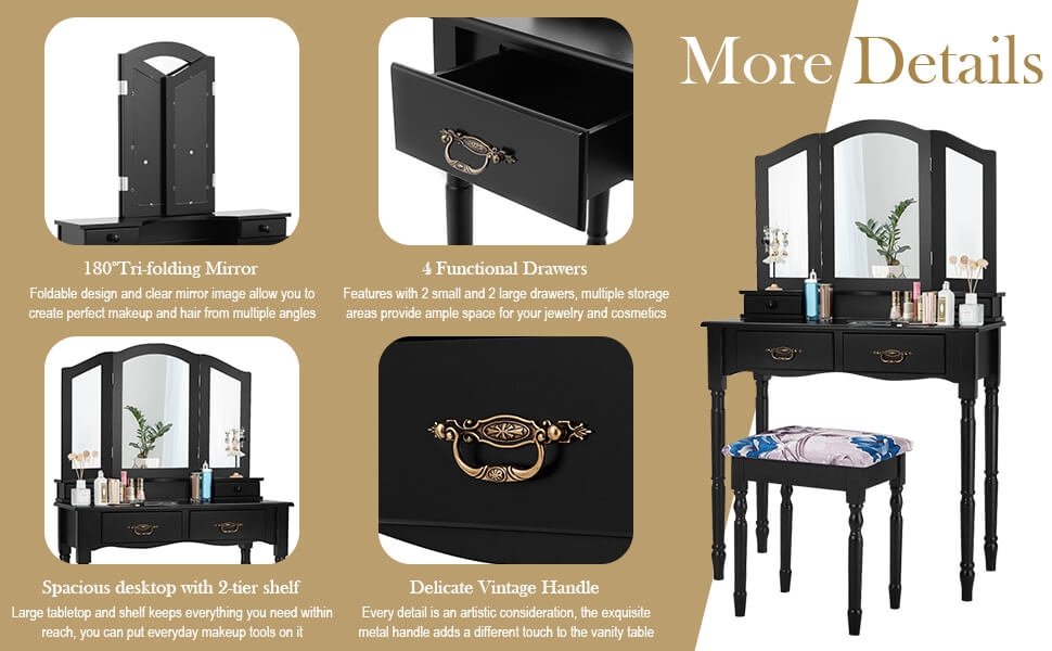 Honhorrs Four-Drawer Makeup Vanity Set, Tri-Fold Mirror and Floral Cushioned Stool with Wood Legs detail