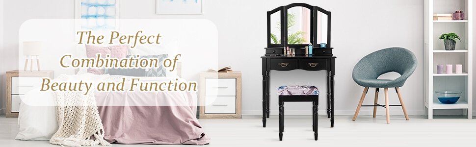 Honhorrs Four-Drawer Makeup Vanity Set, Tri-Fold Mirror and Floral Cushioned Stool with Wood Legs detail