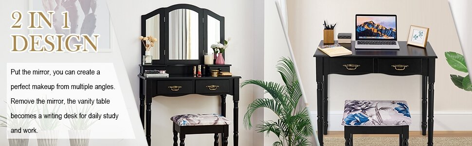 Honhorrs Four-Drawer Makeup Vanity Set, Tri-Fold Mirror and Floral Cushioned Stool with Wood Legs detail