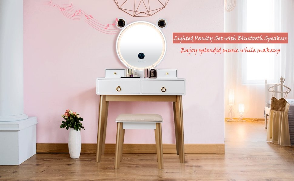 Honhorrs 4-Drawer Vanity with Touch-Dimming Mirror, Three Light Colors and Wireless Audio Speakers detail