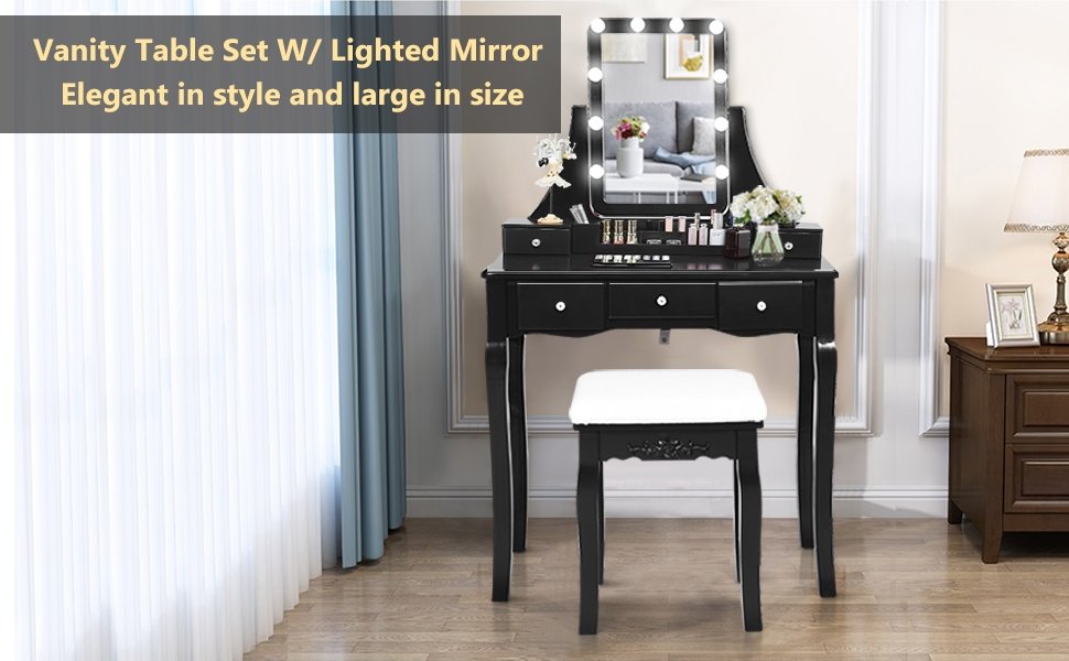 Honhorrs Lighted Vanity with Ten Dimmable Bulbs, Five Drawers, Rotating Mirror and Cushioned Stool detail