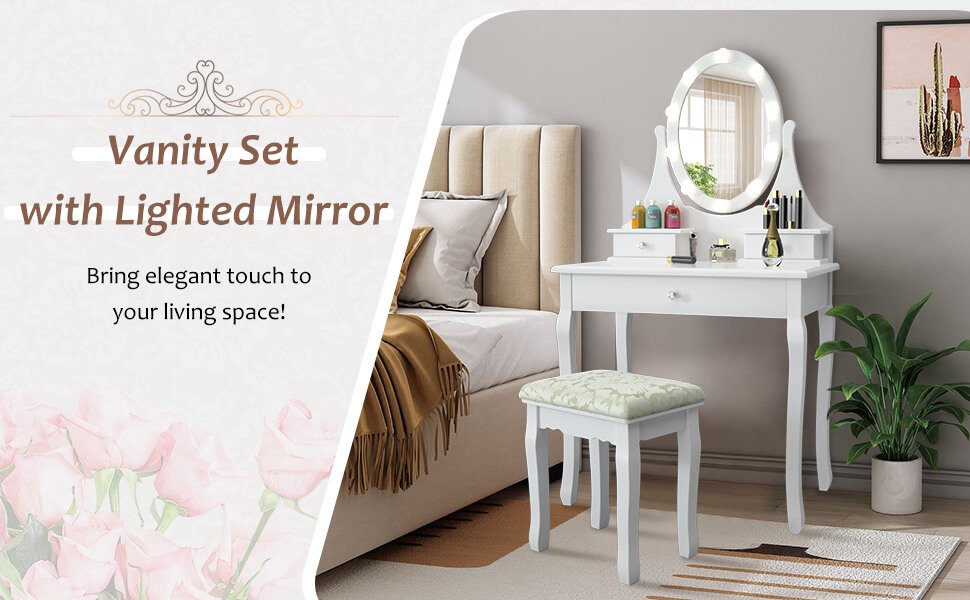 Three-Drawer Vanity by Honhorrs, Rotating Ten-Light Mirror, Detachable Mirror Top and Padded Stool detail