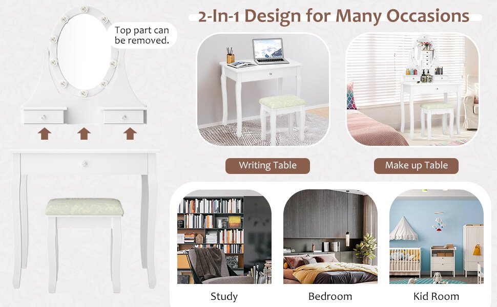 Three-Drawer Vanity by Honhorrs, Rotating Ten-Light Mirror, Detachable Mirror Top and Padded Stool detail