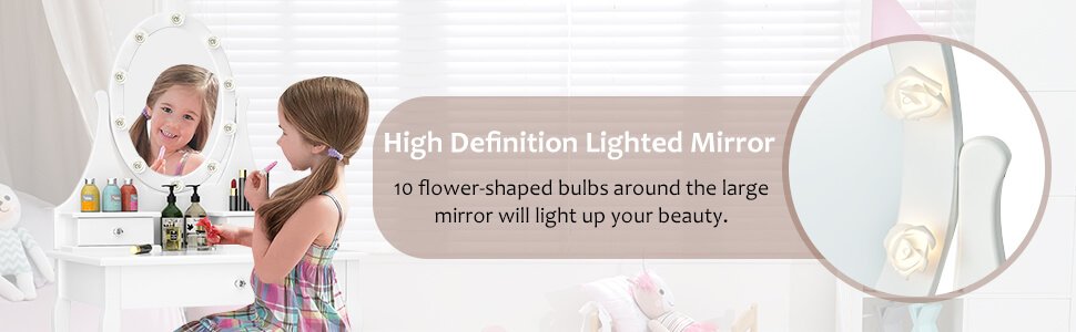Three-Drawer Vanity by Honhorrs, Rotating Ten-Light Mirror, Detachable Mirror Top and Padded Stool detail