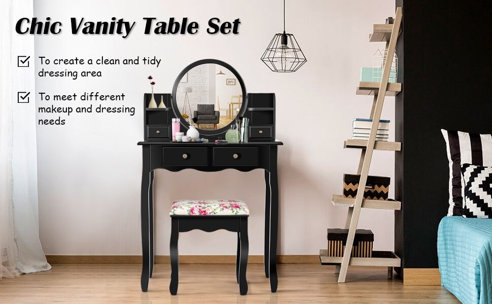 Honhorrs Four-Drawer Vanity and Padded Stool, Pivoting Round Mirror with Raised Tabletop Edges detail