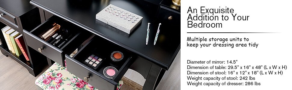 Honhorrs Four-Drawer Vanity and Padded Stool, Pivoting Round Mirror with Raised Tabletop Edges detail