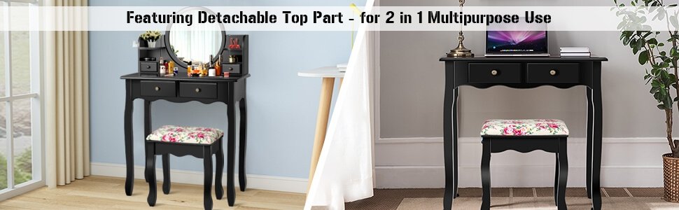 Honhorrs Four-Drawer Vanity and Padded Stool, Pivoting Round Mirror with Raised Tabletop Edges detail