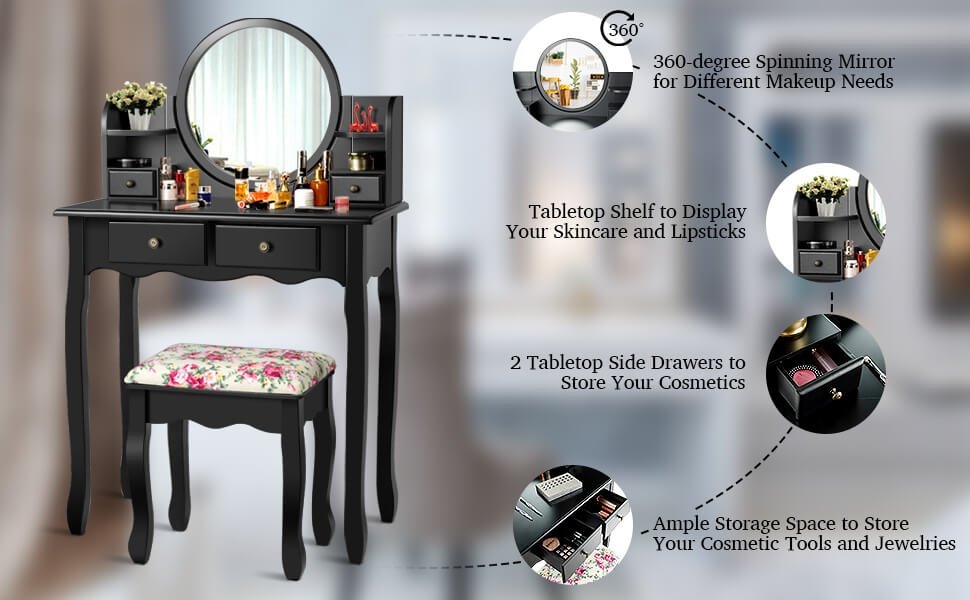 Honhorrs Four-Drawer Vanity and Padded Stool, Pivoting Round Mirror with Raised Tabletop Edges detail