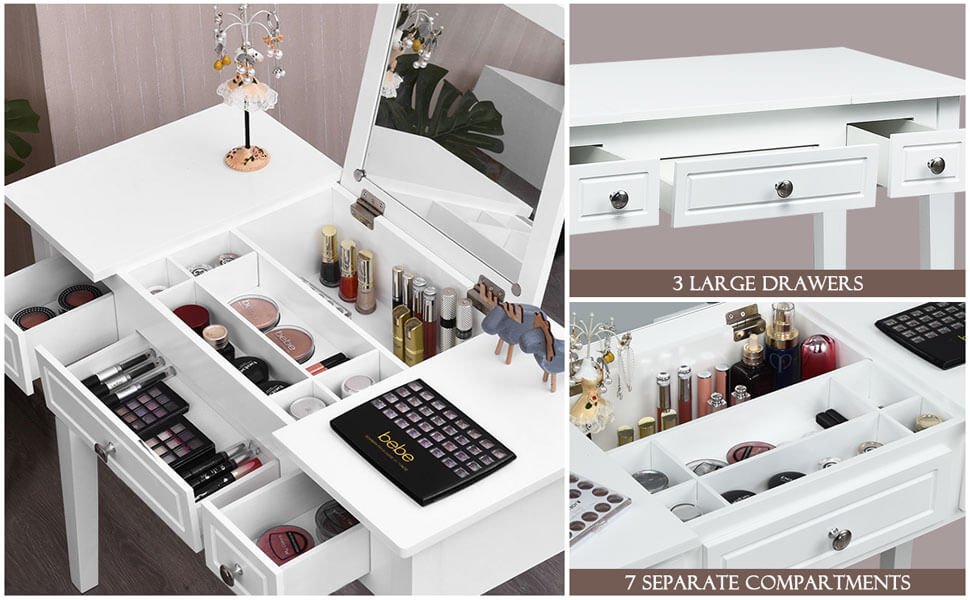 Honhorrs Flip-Mirror Dressing Table, Three Drawers and Separate Storage Box on Solid Wooden Legs detail