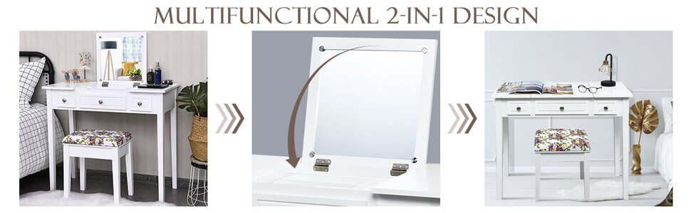 Honhorrs Flip-Mirror Dressing Table, Three Drawers and Separate Storage Box on Solid Wooden Legs detail
