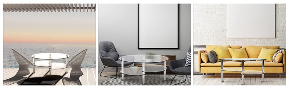 Honhorrs Oval Tempered-Glass Coffee Table with Two Lower Storage Shelves and Rounded Tabletop Edges detail