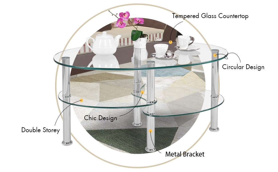 Honhorrs Oval Tempered-Glass Coffee Table with Two Lower Storage Shelves and Rounded Tabletop Edges detail