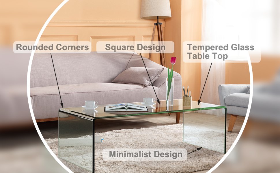 Honhorrs Clear Tempered-Glass Coffee Table, 40-Inch Rectangular Surface with Rounded Waterfall Edges detail