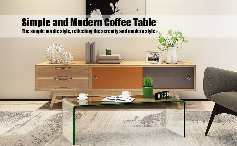 Honhorrs Clear Tempered-Glass Coffee Table, 40-Inch Rectangular Surface with Rounded Waterfall Edges detail