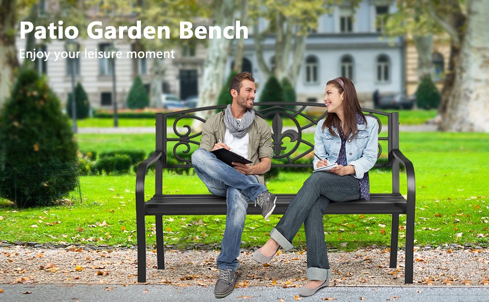 Honhorrs 50-Inch Metal Garden Bench, Powder-Coated Steel with Decorative Back and Rounded Armrests detail