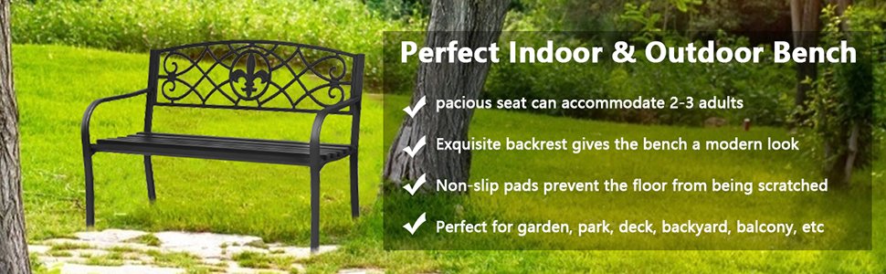 Honhorrs 50-Inch Metal Garden Bench, Powder-Coated Steel with Decorative Back and Rounded Armrests detail