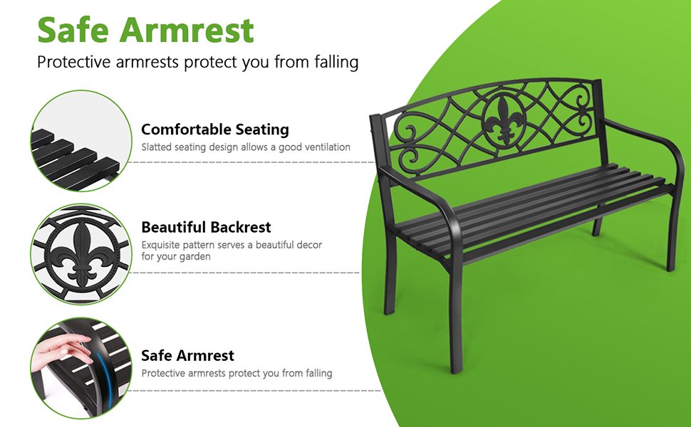 Honhorrs 50-Inch Metal Garden Bench, Powder-Coated Steel with Decorative Back and Rounded Armrests detail
