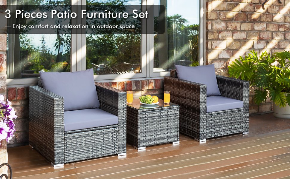 Honhorrs Three-Piece Wicker Patio Sofa Set, Cushioned Seating with Wide Arms and Removable Glass Top detail