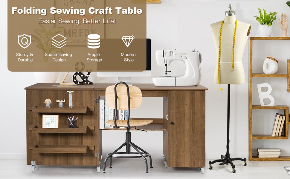 Honhorrs Folding Sewing Workstation, Three Tool Bins and Cabinet Shelves on Lockable Rolling Casters detail