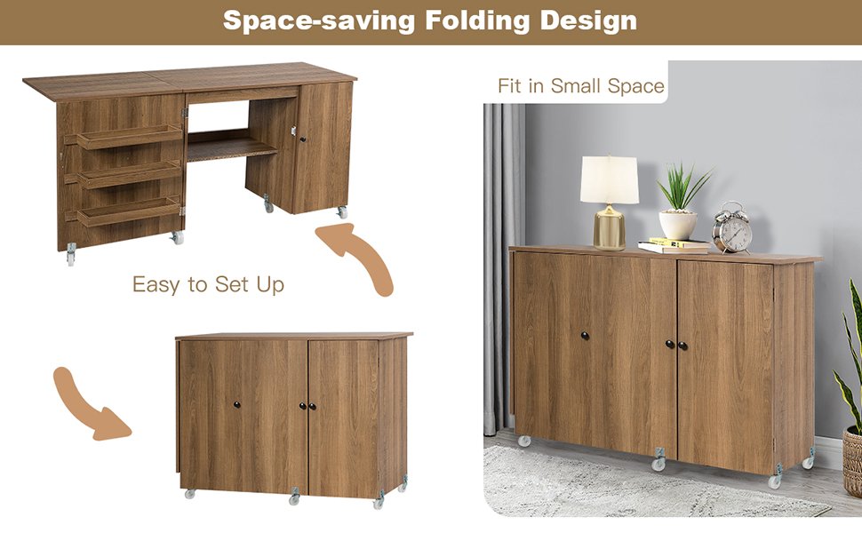 Honhorrs Folding Sewing Workstation, Three Tool Bins and Cabinet Shelves on Lockable Rolling Casters detail