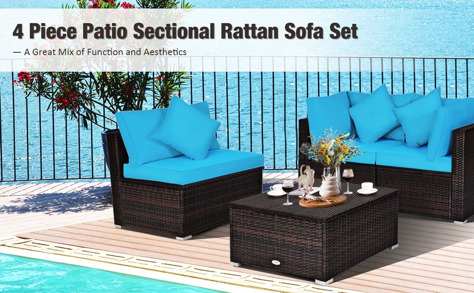Honhorrs 4-Piece Modular Patio Rattan Seating Set with Ottoman, Removable Cushions and Pillows detail