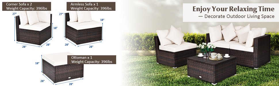 Honhorrs 4-Piece Modular Patio Rattan Seating Set with Ottoman, Removable Cushions and Pillows detail