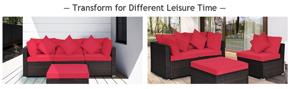 Honhorrs 4-Piece Modular Patio Rattan Seating Set with Ottoman, Removable Cushions and Pillows detail