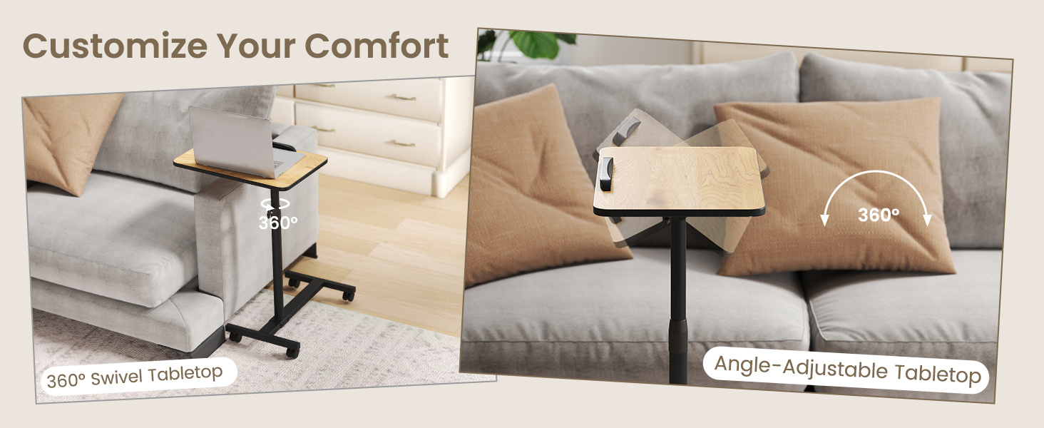 Honhorrs Rolling Overbed Table, Height and Tilt Adjustments with Four Locking Wheels and Side Hook detail