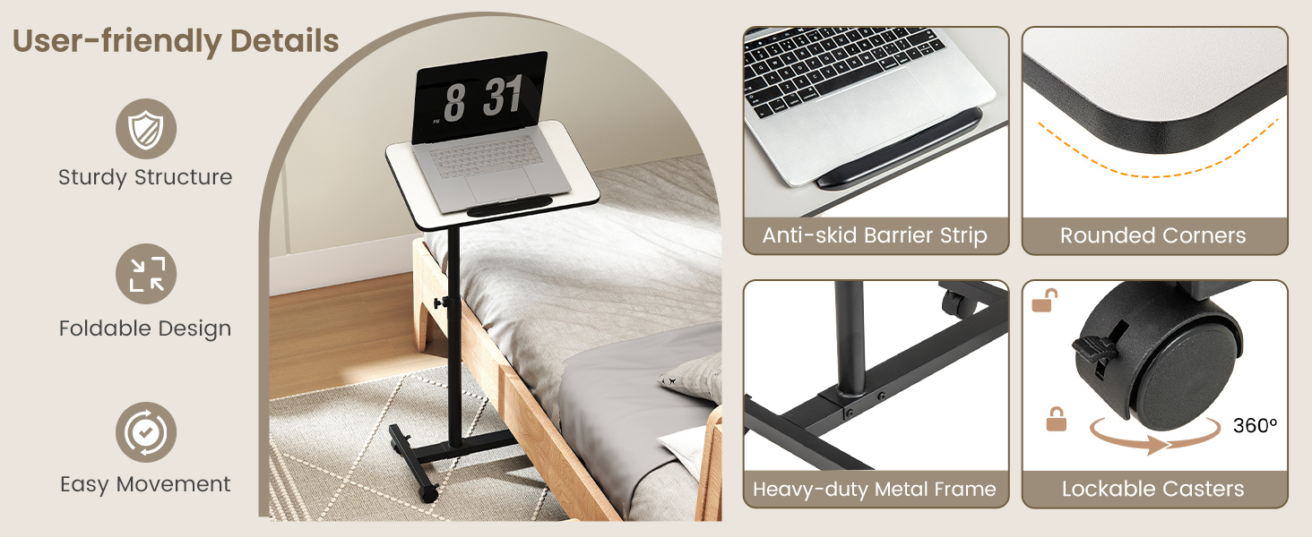 Honhorrs Rolling Overbed Table, Height and Tilt Adjustments with Four Locking Wheels and Side Hook detail