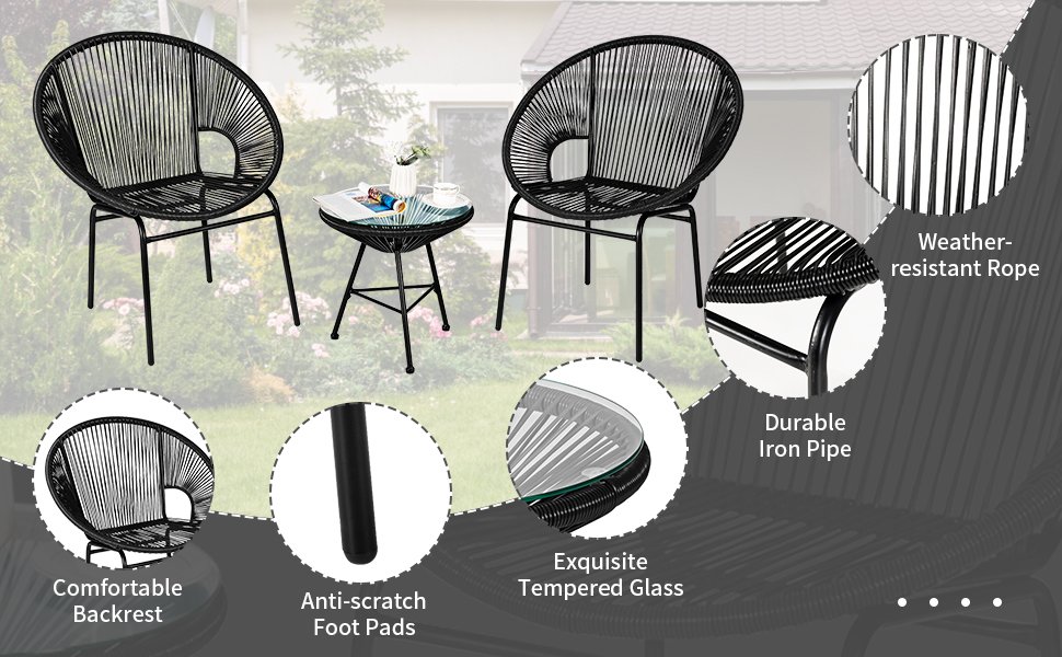 Honhorrs Acapulco Patio Bistro Trio, Rope-Woven Chairs and Tempered-Glass Table on Steel Frames detail