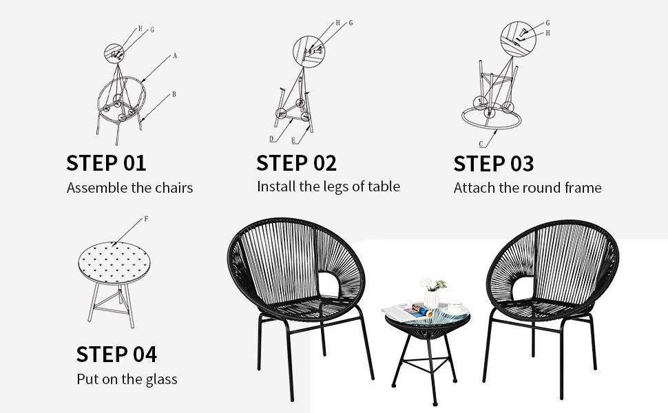 Honhorrs Acapulco Patio Bistro Trio, Rope-Woven Chairs and Tempered-Glass Table on Steel Frames detail