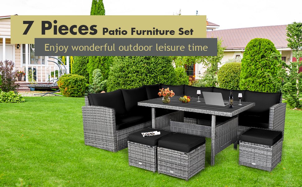 Honhorrs 7-Piece Outdoor Wicker Dining Sofa Set with 3 Loveseats, 3 Ottomans and Dining Table detail