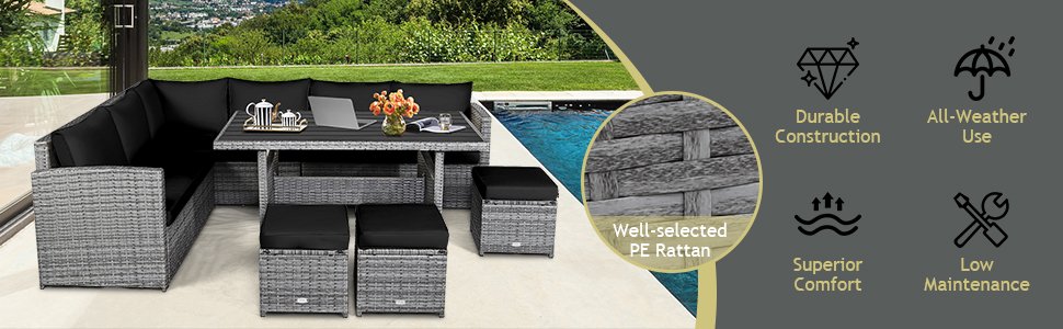 Honhorrs 7-Piece Outdoor Wicker Dining Sofa Set with 3 Loveseats, 3 Ottomans and Dining Table detail