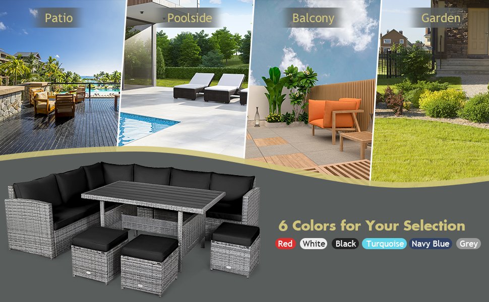 Honhorrs 7-Piece Outdoor Wicker Dining Sofa Set with 3 Loveseats, 3 Ottomans and Dining Table detail