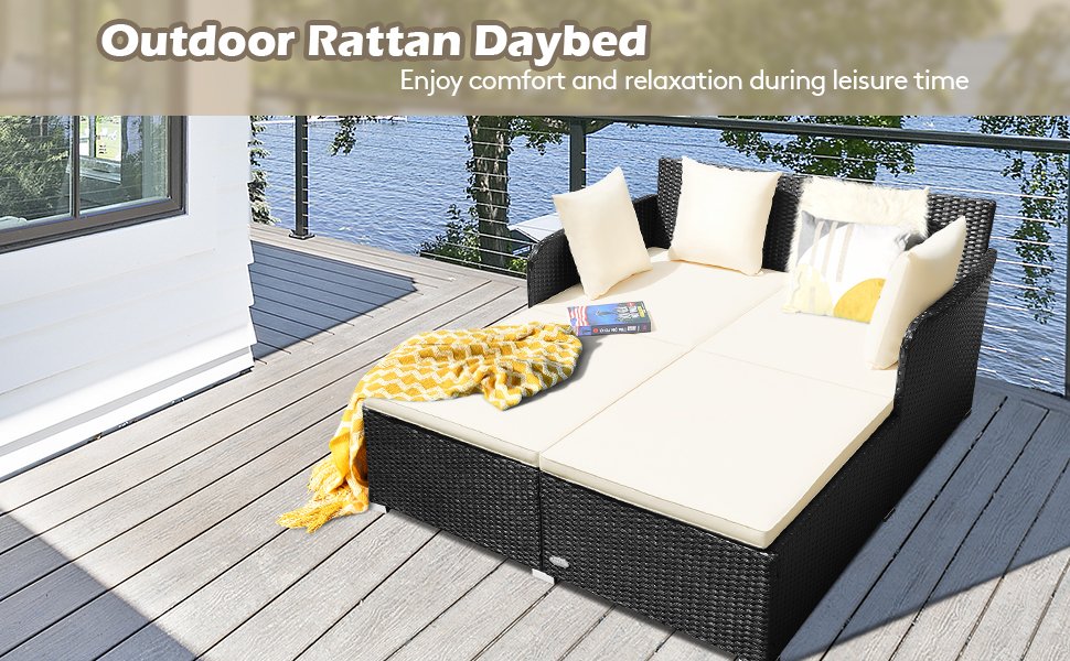 Honhorrs Cushioned Rattan Patio Daybed, Curved Back with Armrests, Aluminum Feet and X-Frame Support detail