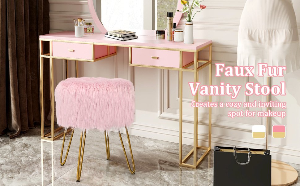 Honhorrs Round Faux-Fur Vanity Stool, Padded Seat with Four Metal Legs and Adjustable Foot Pads detail