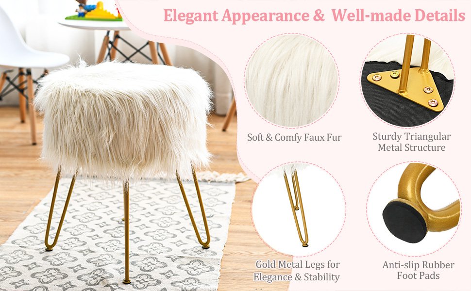Honhorrs Round Faux-Fur Vanity Stool, Padded Seat with Four Metal Legs and Adjustable Foot Pads detail