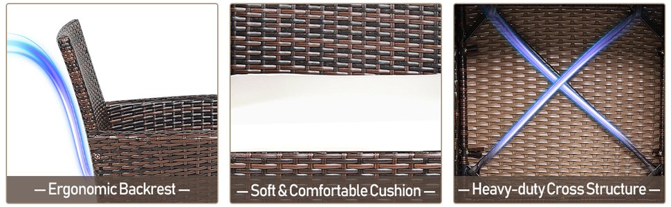 Honhorrs Two PE-Rattan Patio Armchairs, Wide Backrests and Removable Seat Cushions on Steel Frames detail