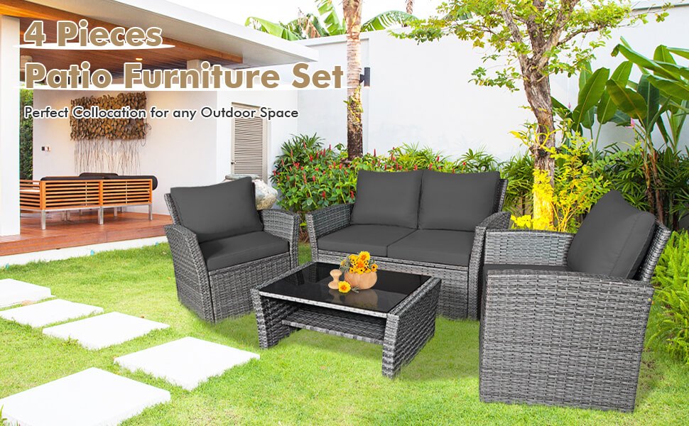 Honhorrs Four-Piece Woven Patio Set, Loveseat and Two Armchairs with Glass Table and Storage Shelf detail