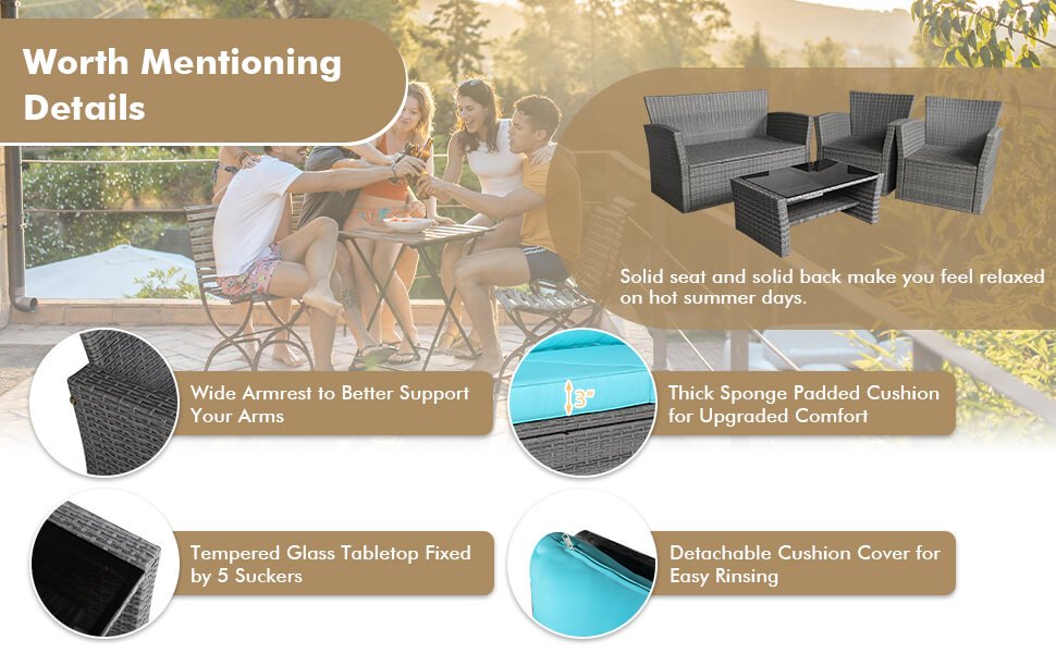 Honhorrs Four-Piece Woven Patio Set, Loveseat and Two Armchairs with Glass Table and Storage Shelf detail