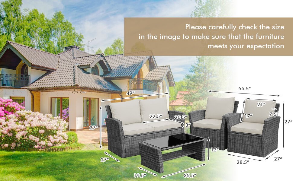 Honhorrs Four-Piece Woven Patio Set, Loveseat and Two Armchairs with Glass Table and Storage Shelf detail