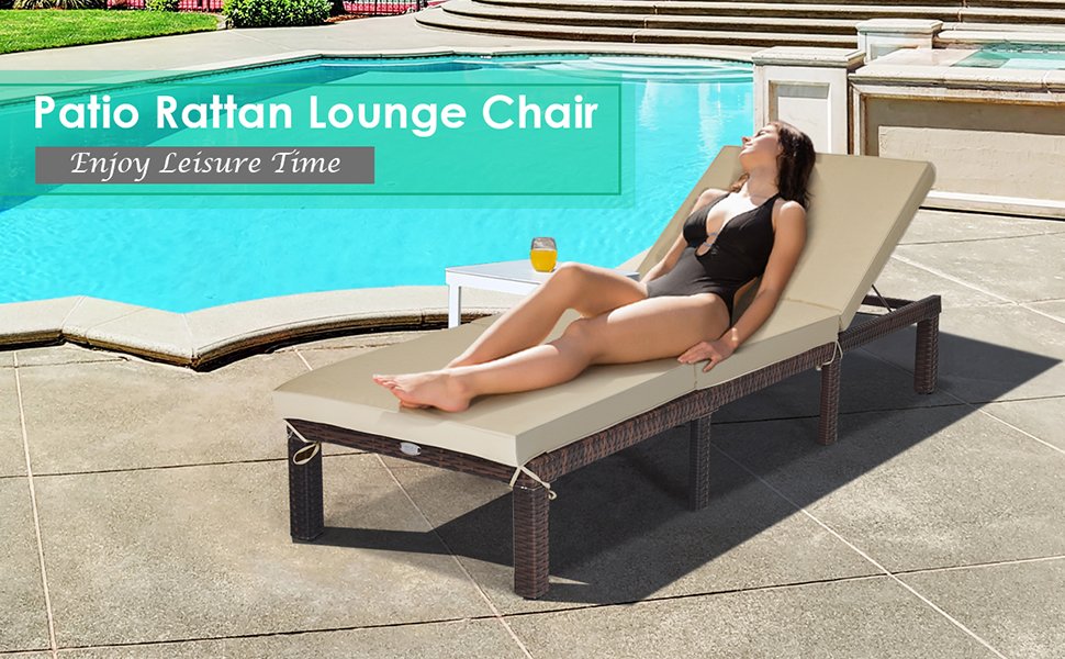 Honhorrs PE Wicker Patio Chaise Lounger, Six Recline Positions with Padded Cushion and Metal Frame detail