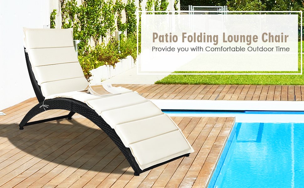 Honhorrs Folding Wicker Patio Lounge Chair, Curved Steel-Supported Seat with Tied Padded Cushion detail